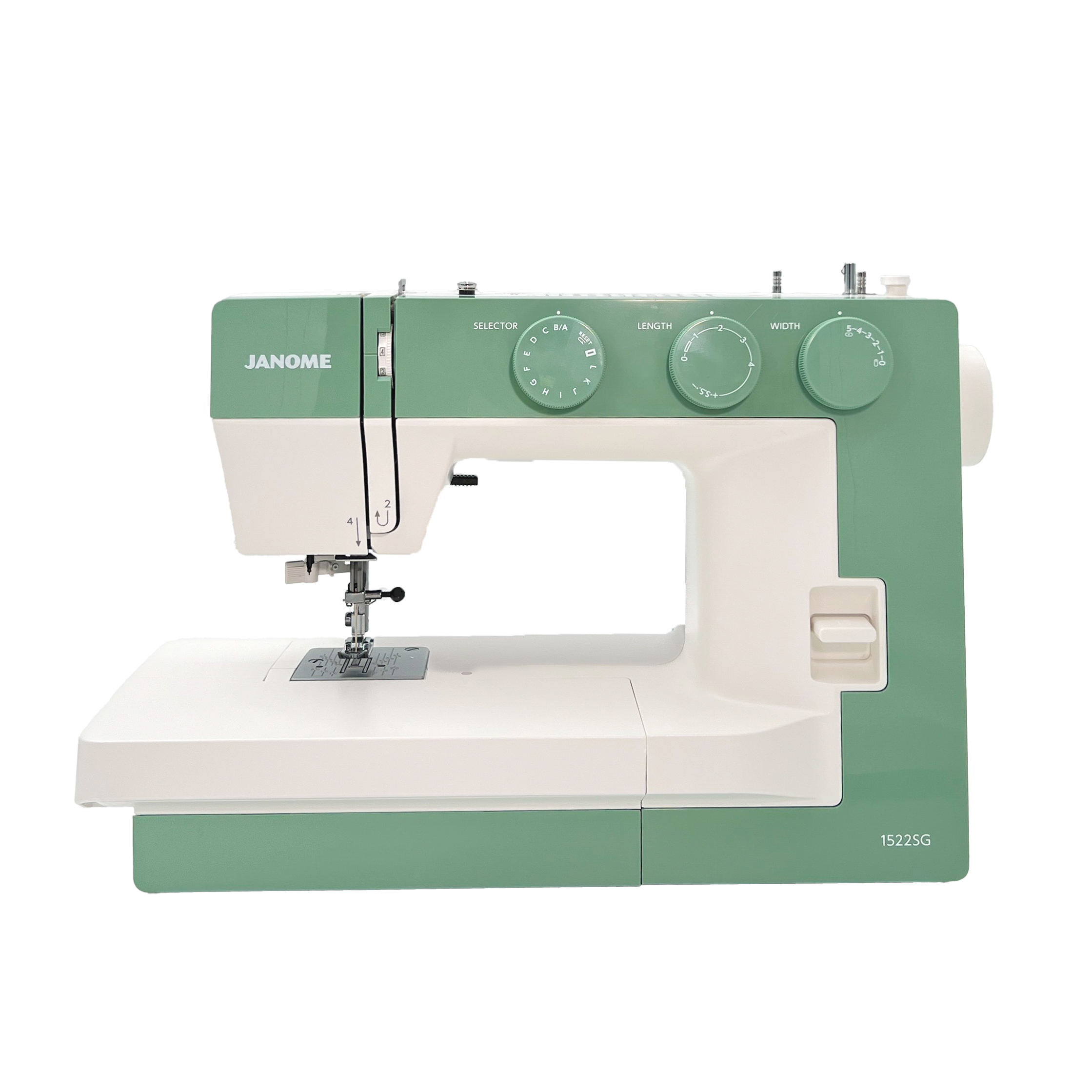 Green and white Janome sewing machine on a white background