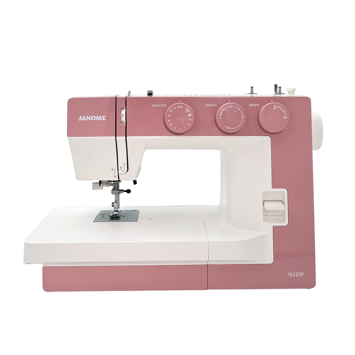 Pink and white Janome sewing machine on a white background